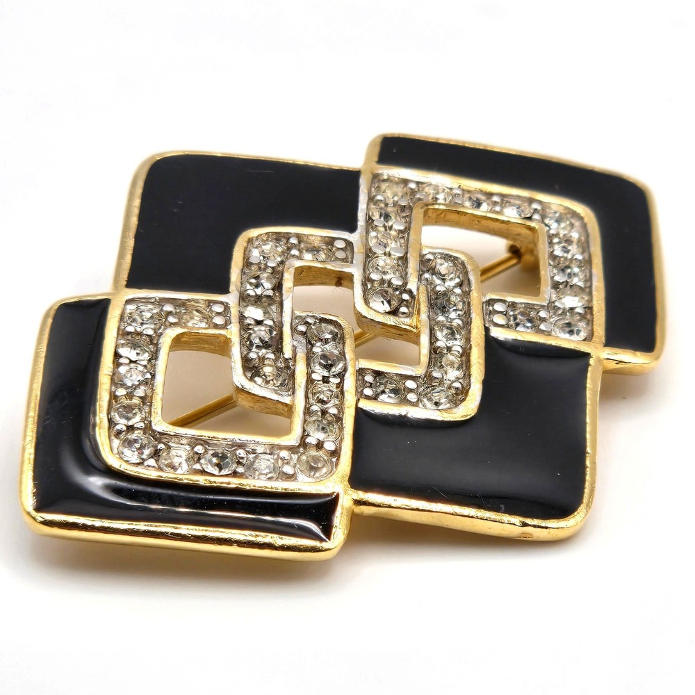Trifari Vintage Brooch Gold‎ Tone Black Enamel Rhinestone Geometric Pin Art Deco